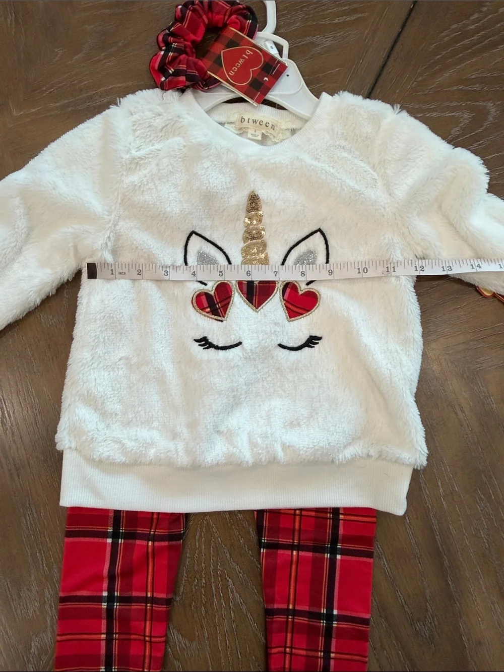 Kids Plush Unicorn Pajama Set with Red Plaid Leggings